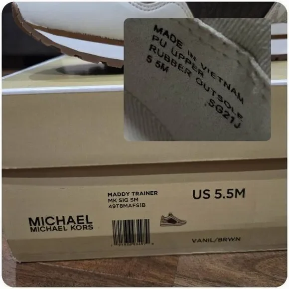 Michael Kors Maddy Vanilla/ Brown Two-Tone Logo Trainer Women's Sneakers 5.5 - Picture 13 of 13